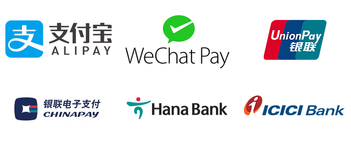 Logos for AliPay, WeChat Pay, UnionPay, ChinaPay, Hana Bank, and ICICI Bank
